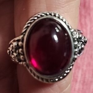 Red Gemstone Oval Silvertone Ring